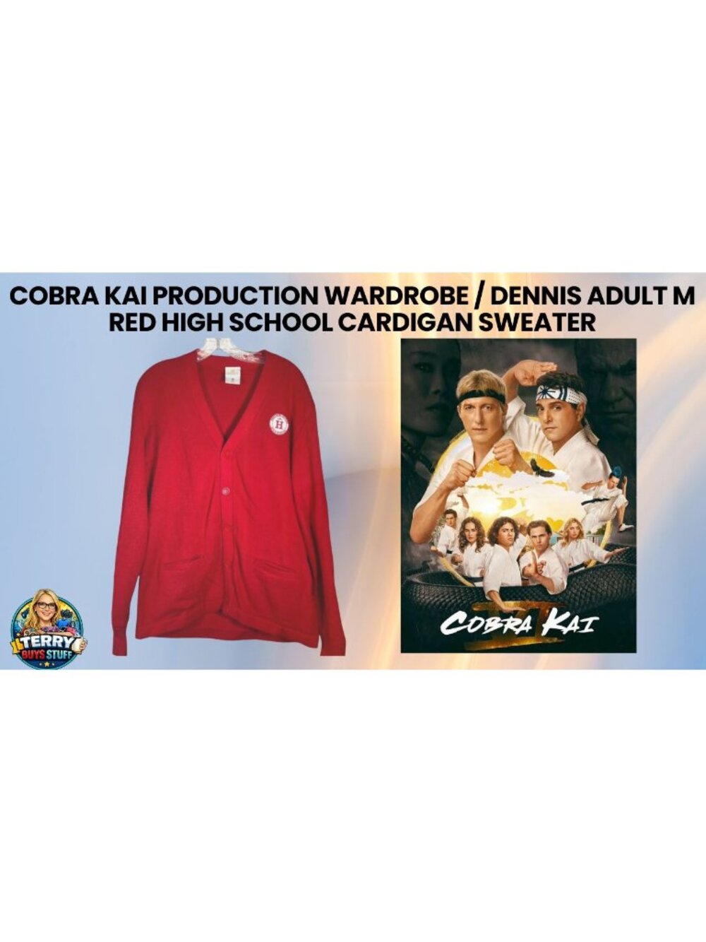 Cobra Kai Production Wardrobe Dennis Adult M Red High School Cardigan Sweater